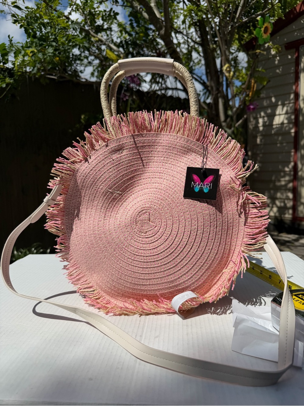 MARI Pink Round Straw Fringe Crossbody Tote Bag Boho Beach Summer NWT